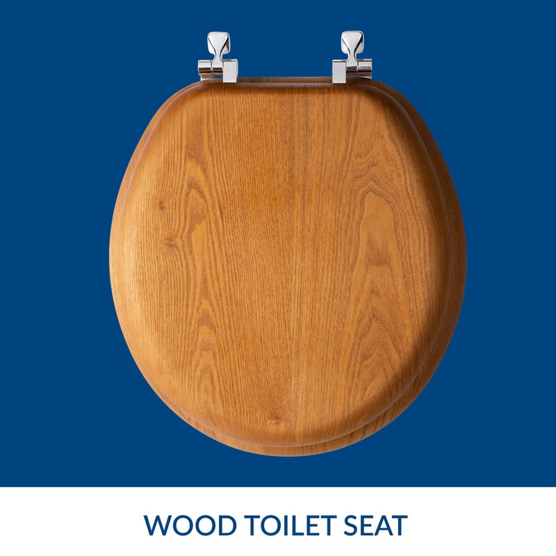 Bemis Mayfair Natural Oak Veneer Toilet Seat with Chrome Hinges, Round, Wood - Image 3